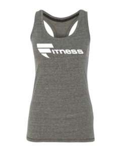 A gray tank top with the word fitness written on it.