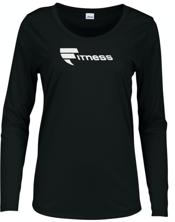 Ladies black long sleeve fitted tee with the word fitness in pink on the front and for life on the back of the neck.